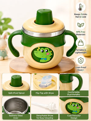 Mulberro Dinosaur Stainless Steel Sipper Bottle for Babies & Toddlers — 250ml | Spill-Proof Spout & Dual Handles - Water Bottle