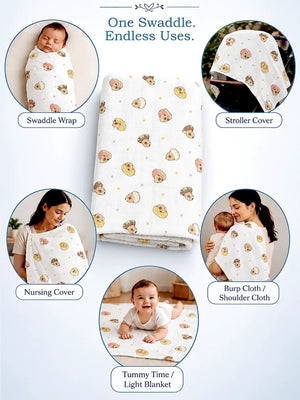 Mulberro Donut Bear White Muslin Cotton Baby Swaddle Blanket | 5-in-1 Multi-Use | 110×110 cm - Baby Blankets & Quilts