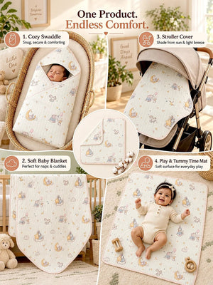 Mulberro Dreamy Elephant & Bunny 6-Layer Muslin Cotton Baby Swaddle Blanket | 4-in-1 | 85×85 cm - Baby Blankets & Quilts