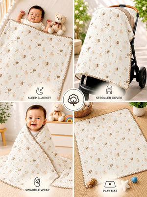 Mulberro Dreamy Koala & Stars Super Soft Muslin Cotton Baby Blanket | All-Season | Ivory & Gold | 102×102 cm - Baby Blankets & Quilts