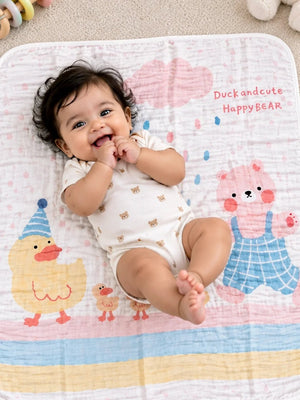Mulberro Duck & Happy Bear 6-Layer Muslin Cotton Baby Blanket | All-Season | Pink & Yellow | 110×110 cm - Baby Blankets & Quilts