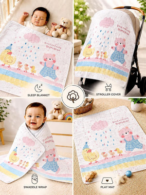 Mulberro Duck & Happy Bear 6-Layer Muslin Cotton Baby Blanket | All-Season | Pink & Yellow | 110×110 cm - Baby Blankets & Quilts