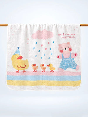 Mulberro Duck & Happy Bear 6-Layer Muslin Cotton Baby Blanket | All-Season | Pink & Yellow | 110×110 cm - Baby Blankets & Quilts