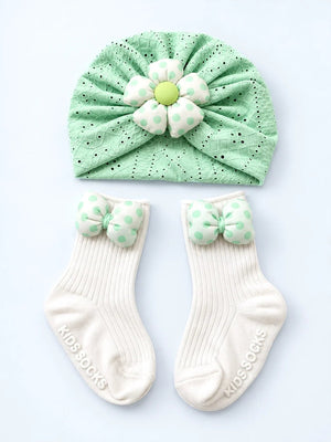 Mulberro Green 3D Polka Dot Flower Turban Cap & 3D Bow Booties Set | Eyelet Fabric | Baby Girls 0–12 Months - Kids Accessories