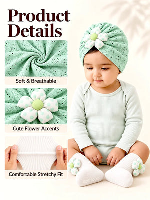 Mulberro Green 3D Polka Dot Flower Turban Cap & 3D Bow Booties Set | Eyelet Fabric | Baby Girls 0–12 Months - Kids Accessories