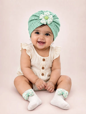 Mulberro Green 3D Polka Dot Flower Turban Cap & 3D Bow Booties Set | Eyelet Fabric | Baby Girls 0–12 Months - Kids Accessories