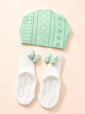 Mulberro Green 3D Polka Dot Flower Turban Cap & 3D Bow Booties Set | Eyelet Fabric | Baby Girls 0–12 Months - Kids Accessories