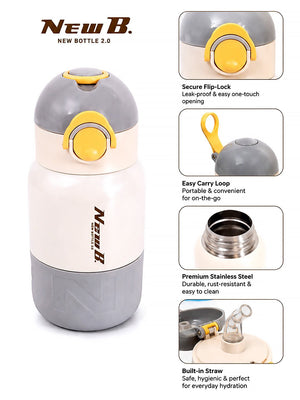 Mulberro Grey & Yellow Stainless Steel Kids Water Bottle — 480ml | Flip-Lock Straw Lid & Carry Loop - Water Bottle