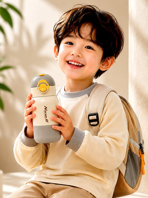 Mulberro Grey & Yellow Stainless Steel Kids Water Bottle — 480ml | Flip-Lock Straw Lid & Carry Loop - Water Bottle