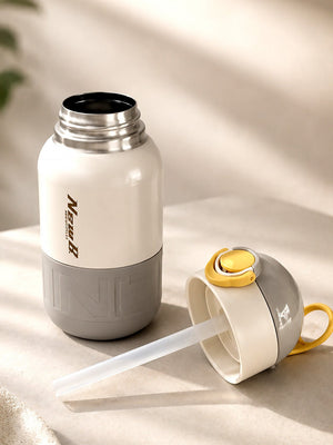 Mulberro Grey & Yellow Stainless Steel Kids Water Bottle — 480ml | Flip-Lock Straw Lid & Carry Loop - Water Bottle