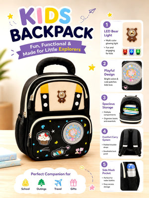 Mulberro Kids LED Bear School Backpack – Black & Beige Cupcake Patch - School Bag