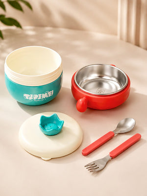 Mulberro Kids Round Insulated Lunch Bowl | Stainless Steel | Double-Layer | Fork & Spoon Included - Baby Food & Storage