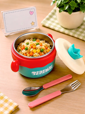 Mulberro Kids Round Insulated Lunch Bowl | Stainless Steel | Double-Layer | Fork & Spoon Included - Baby Food & Storage