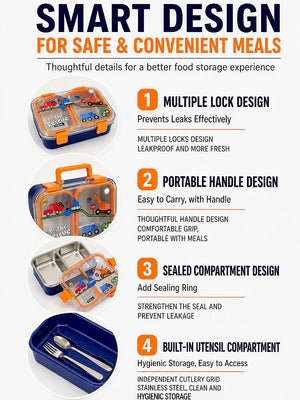 Mulberro Kids Stainless Steel Lunch Box – Construction Trucks "To The Rescue" | Leakproof Bento Box with Cutlery - Insulated lunch bag