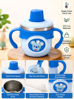 Mulberro Koala Stainless Steel Sipper Bottle for Babies & Toddlers — 250ml | Spill-Proof Spout & Flip-Top Straw - Water Bottle