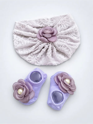 Mulberro Lavender 3D Rose Turban Cap & Pearl Flower Booties Set | Lace Knit | Baby Girls 0–12 Months - Kids Accessories