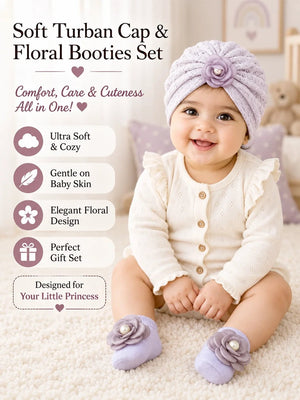 Mulberro Lavender 3D Rose Turban Cap & Pearl Flower Booties Set | Lace Knit | Baby Girls 0–12 Months - Kids Accessories