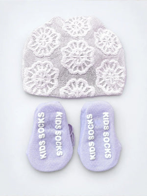 Mulberro Lavender 3D Rose Turban Cap & Pearl Flower Booties Set | Lace Knit | Baby Girls 0–12 Months - Kids Accessories
