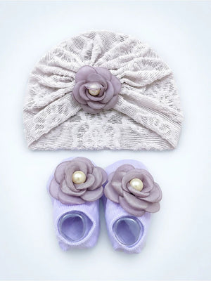 Mulberro Lavender 3D Rose Turban Cap & Pearl Flower Booties Set | Lace Knit | Baby Girls 0–12 Months - Kids Accessories