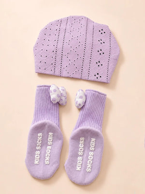 Mulberro Lavender Polka Dot Turban Cap & 3D Bow Booties Set | Eyelet Fabric | Baby Girls 0–12 Months - Kids Accessories