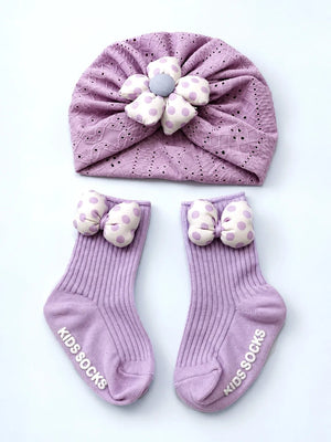 Mulberro Lavender Polka Dot Turban Cap & 3D Bow Booties Set | Eyelet Fabric | Baby Girls 0–12 Months - Kids Accessories