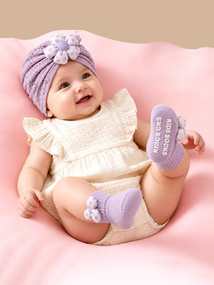 Mulberro Lavender Polka Dot Turban Cap & 3D Bow Booties Set | Eyelet Fabric | Baby Girls 0–12 Months - Kids Accessories