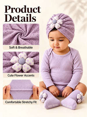 Mulberro Lavender Polka Dot Turban Cap & 3D Bow Booties Set | Eyelet Fabric | Baby Girls 0–12 Months - Kids Accessories