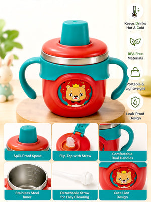 Mulberro Lion King Stainless Steel Sipper Bottle for Babies & Toddlers — 250ml | Spill-Proof Spout & Flip-Top Straw with Dual Handles - Water Bottle