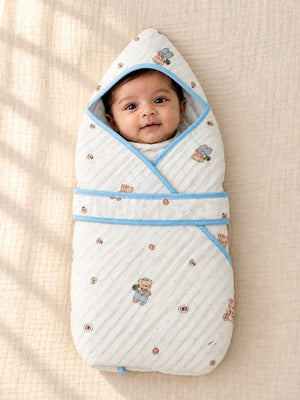 Mulberro Little Doctor Bear Blue 6-Layer Muslin Cotton Baby Swaddle Blanket | 4-in-1 | 85×85 cm - Baby Blankets & Quilts