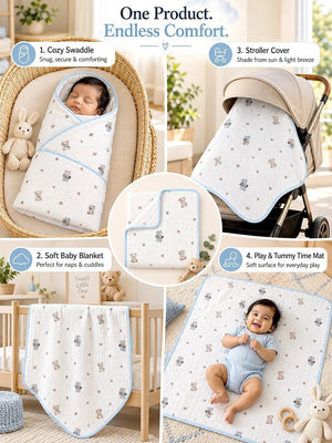 Mulberro Little Doctor Bear Blue 6-Layer Muslin Cotton Baby Swaddle Blanket | 4-in-1 | 85×85 cm - Baby Blankets & Quilts