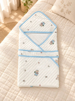 Mulberro Little Doctor Bear Blue 6-Layer Muslin Cotton Baby Swaddle Blanket | 4-in-1 | 85×85 cm - Baby Blankets & Quilts