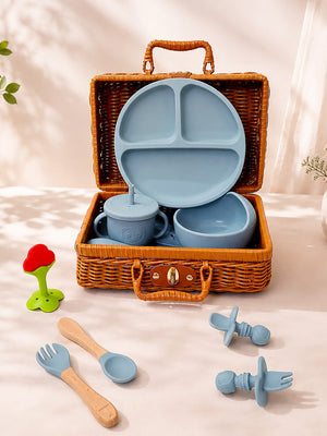 Mulberro Little Foodie | Annaprashana Ceremony | Baby Boy Gift Set | 11-Piece Silicone Feeding Set | Cane Basket | 0-24 Months - Gift Box