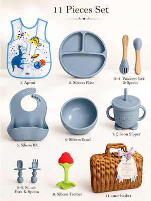 Mulberro Little Foodie | Annaprashana Ceremony | Baby Boy Gift Set | 11-Piece Silicone Feeding Set | Cane Basket | 0-24 Months - Gift Box