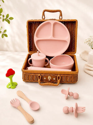 Mulberro Little Foodie | Annaprashana Ceremony | Baby Girl Gift Set | 11-Piece Silicone Feeding Set | Cane Basket | 0-24 Months - Gift Box