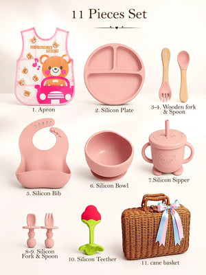 Mulberro Little Foodie | Annaprashana Ceremony | Baby Girl Gift Set | 11-Piece Silicone Feeding Set | Cane Basket | 0-24 Months - Gift Box