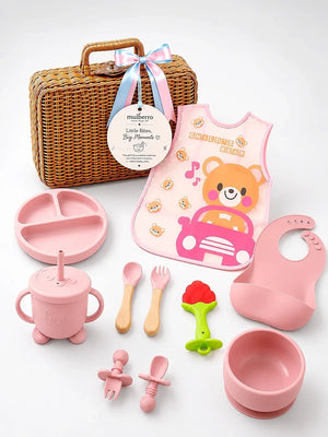 Mulberro Little Foodie | Annaprashana Ceremony | Baby Girl Gift Set | 11-Piece Silicone Feeding Set | Cane Basket | 0-24 Months - Gift Box