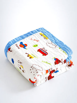 Mulberro Little Vehicles 6-Layer Muslin Cotton Baby Blanket | All-Season | Blue Border | 110×110 cm - Baby Blankets & Quilts