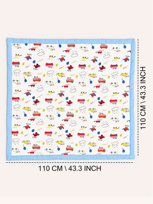 Mulberro Little Vehicles 6-Layer Muslin Cotton Baby Blanket | All-Season | Blue Border | 110×110 cm - Baby Blankets & Quilts