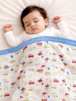 Mulberro Little Vehicles 6-Layer Muslin Cotton Baby Blanket | All-Season | Blue Border | 110×110 cm - Baby Blankets & Quilts