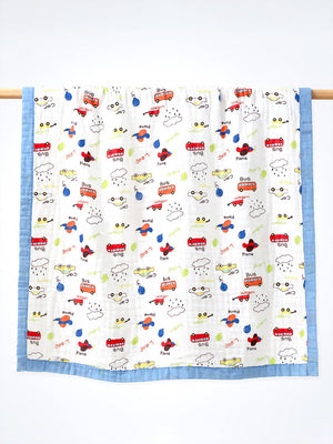 Mulberro Little Vehicles 6-Layer Muslin Cotton Baby Blanket | All-Season | Blue Border | 110×110 cm - Baby Blankets & Quilts