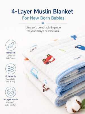 Mulberro Little Vehicles 6-Layer Muslin Cotton Baby Blanket | All-Season | Blue Border | 110×110 cm - Baby Blankets & Quilts