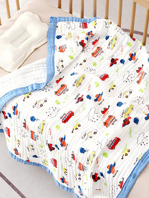 Mulberro Little Vehicles 6-Layer Muslin Cotton Baby Blanket | All-Season | Blue Border | 110×110 cm - Baby Blankets & Quilts