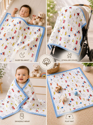 Mulberro Little Vehicles 6-Layer Muslin Cotton Baby Blanket | All-Season | Blue Border | 110×110 cm - Baby Blankets & Quilts
