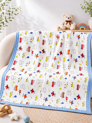 Mulberro Little Vehicles 6-Layer Muslin Cotton Baby Blanket | All-Season | Blue Border | 110×110 cm - Baby Blankets & Quilts