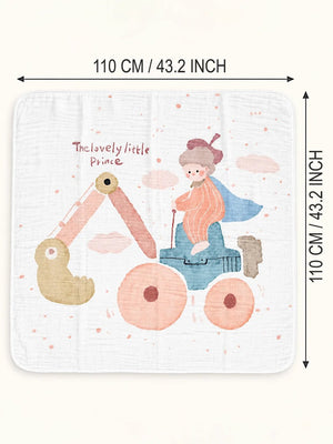 Mulberro Lovely Little Prince 6-Layer Muslin Cotton Baby Blanket | All-Season | Peach & Blue | 110×110 cm - Baby Blankets & Quilts