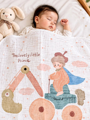 Mulberro Lovely Little Prince 6-Layer Muslin Cotton Baby Blanket | All-Season | Peach & Blue | 110×110 cm - Baby Blankets & Quilts