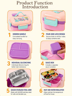 Mulberro Mermaid Unicorn 2-Tier Kids Lunch Box | SUS304 Stainless Steel | Leak-Proof | Spoon & Sauce Box Included - Baby Food & Storage