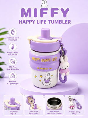 Mulberro Miffy Happy Life Kids Stainless Steel Tumbler — 480ml | Dual Lid, Infuser & Carry Strap - Water Bottle
