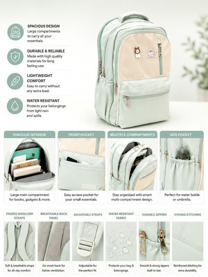 Mulberro Mint Green Kids School Backpack with Cute Pins – Spacious & Lightweight - School Bag