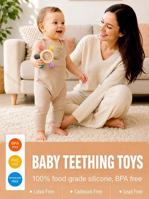 Mulberro Multi-Texture Silicone & Wood Baby Teether Ring | BPA Free | 5 Sensory Beads - Teether